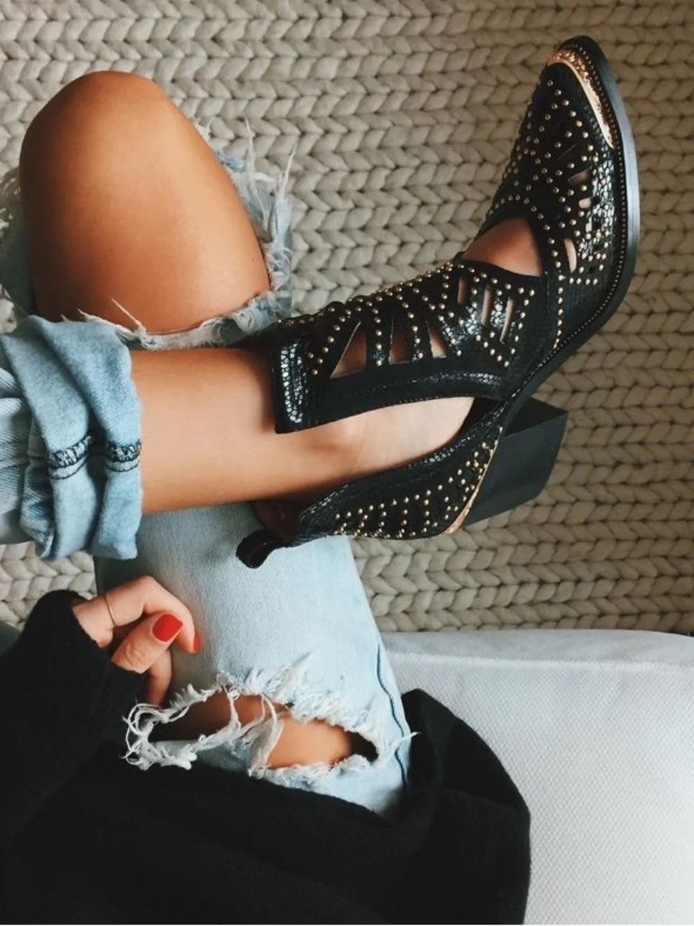 🆕{Jeffrey Campbell}Maceo Gold Studded Cutout Western Ankle Boots